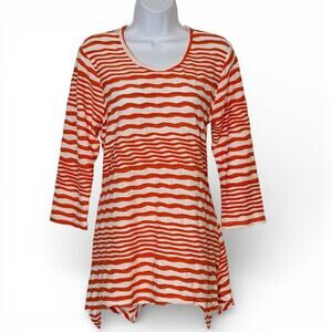 Lulu B Striped Tunic Top Asymmetrical Hem Textured Orange Coral White Size Small